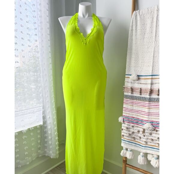 Skims Summer Mesh Lace Plunge Neon Green Highlighter Sleeveless Long Dress  2X